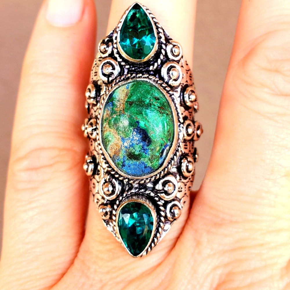 New Azurite & Peridot 925 Silver Statement Ring.